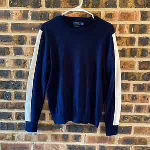 Polo by Ralph Lauren Navy Crewneck Sweater with White Sleeve Stripes